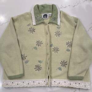 Vintage Storybook Knits 3X Sage Green Floral Beaded Cardigan Sweater